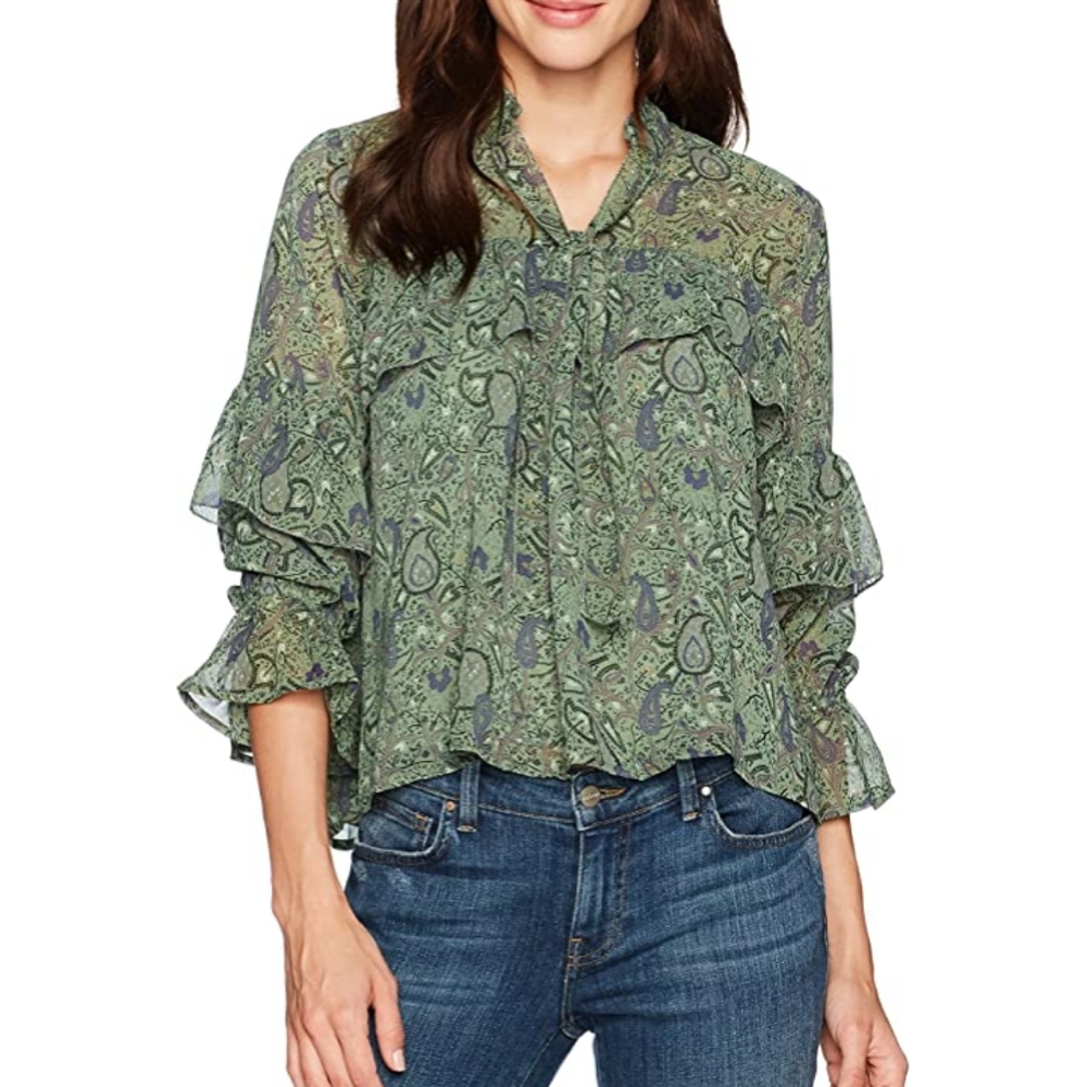 Lucky Brand green high neck ruffle blouse